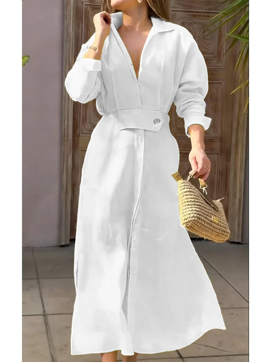 Belted Linen Shirt Dress – Elegant Long Sleeve Midi for Summer