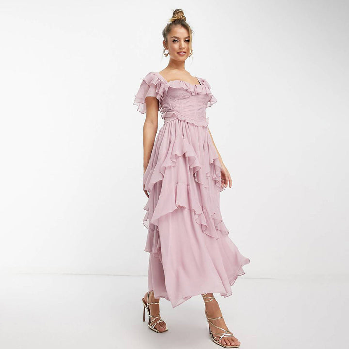 Eclat™ – Robe mi-longue à volants Épaules dénudées et style bohème chic