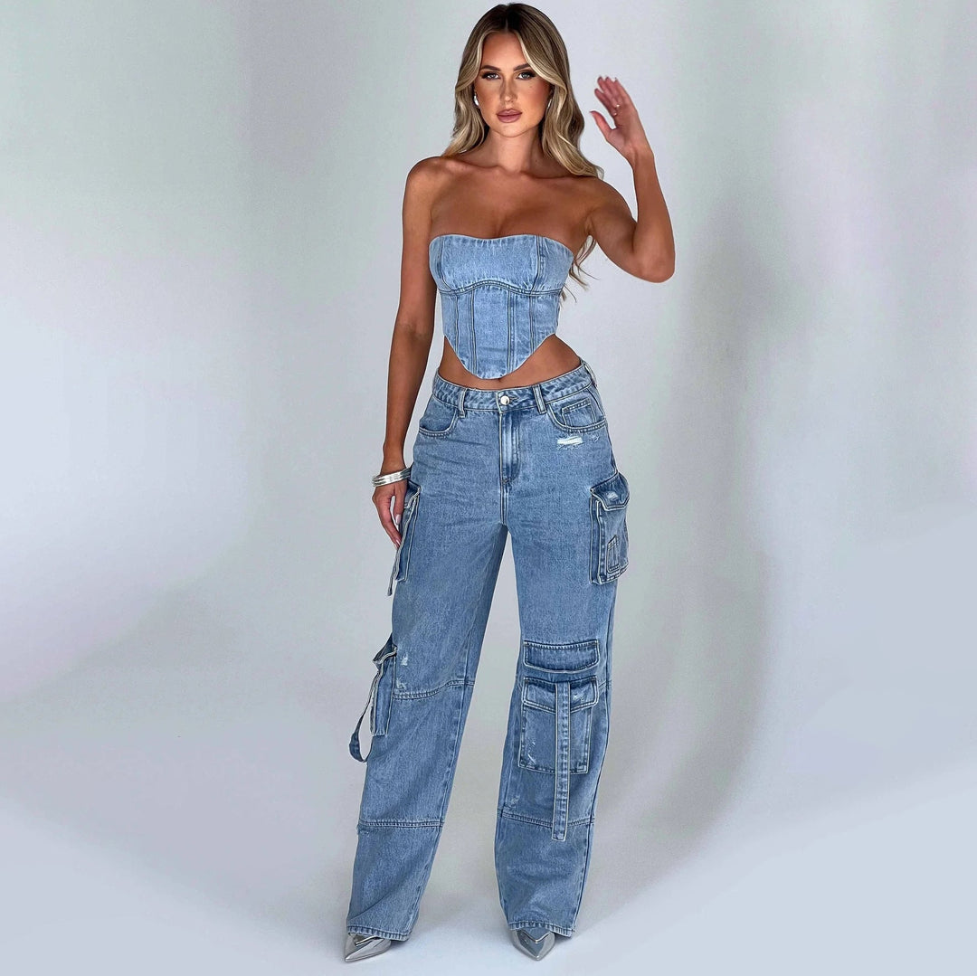 ECLAT™ | Ensemble bustier et jean cargo délavé