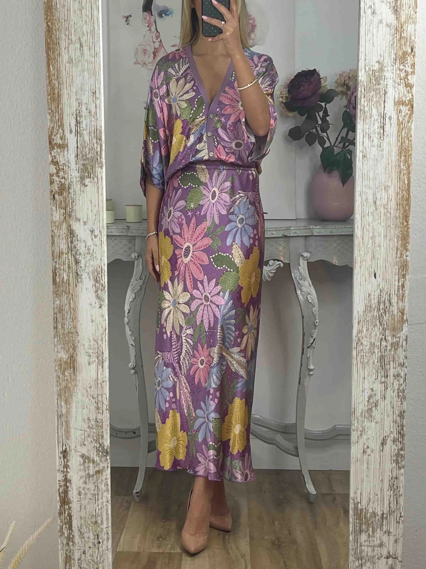 Elegance Bloom™ | Ensemble Satiné à Motif Floral Deux Pièces – Silhouette Sirène