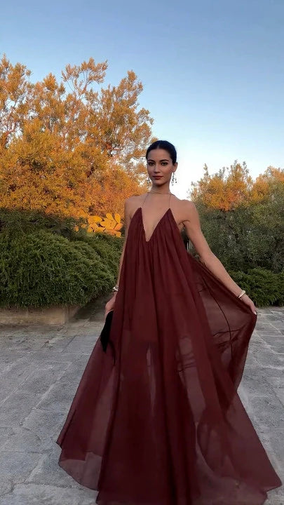 Elegant V-neck Chiffon Flowy Maxi Dress