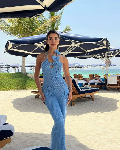 Eclat™ | Robe longue en crochet – Détails floraux et dos nu bohème