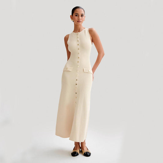 Eclat™ | Robe midi sans manches – Boutonnée et minimaliste chic