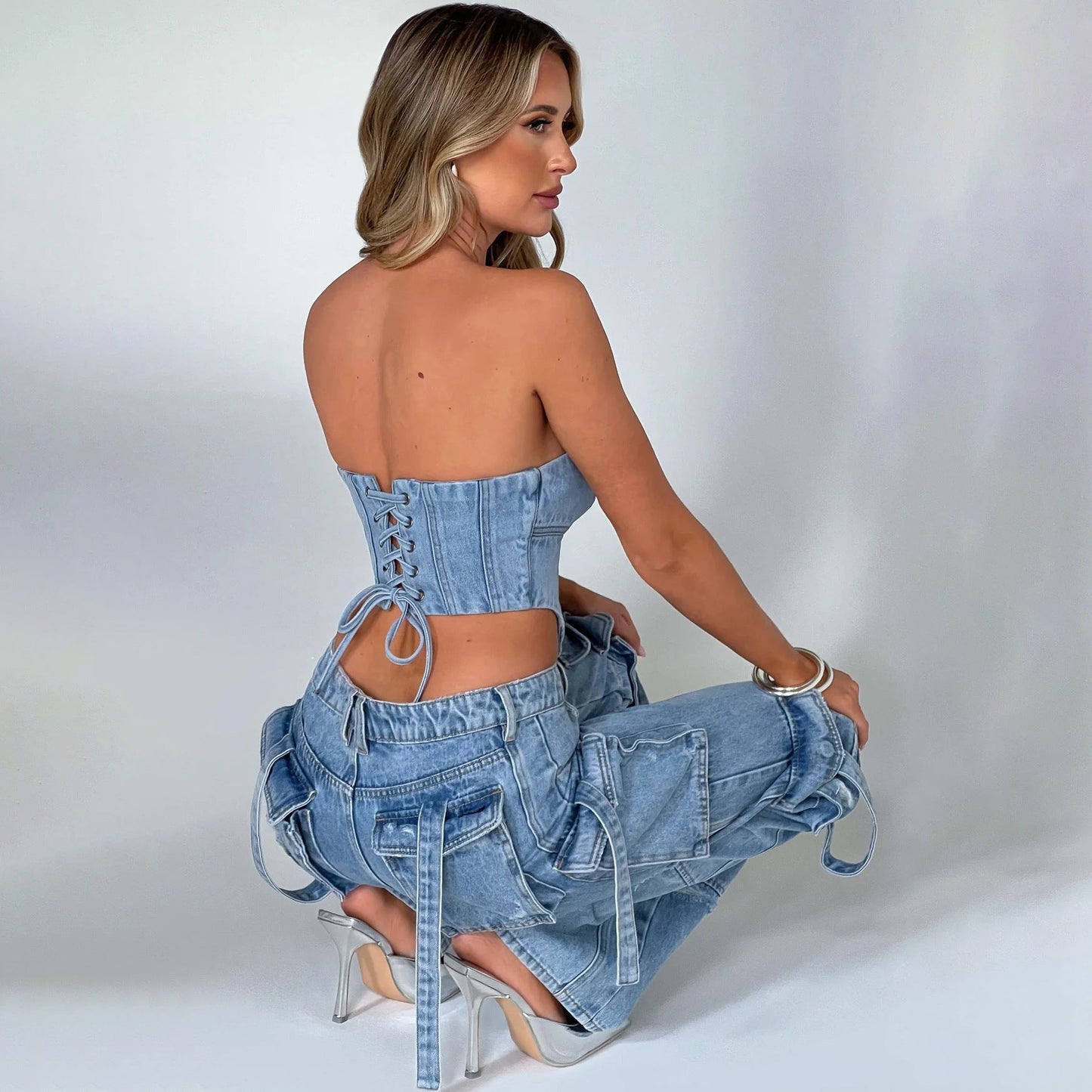 ECLAT™ | Ensemble bustier et jean cargo délavé