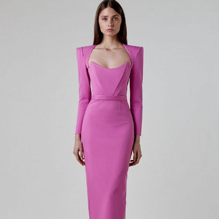 Robe midi sculptante Eclat™ | Épaules structurées et décolleté drapé