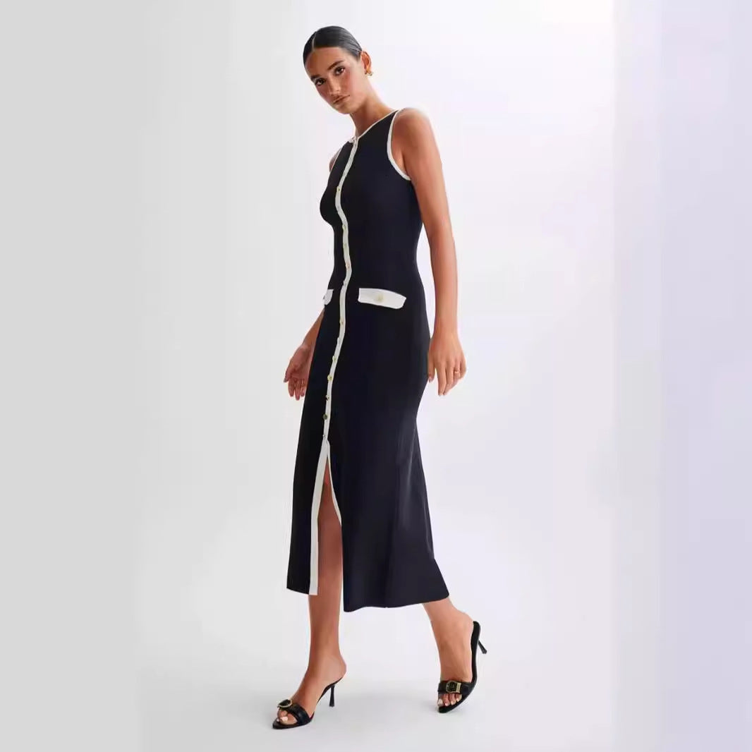 Eclat™ | Robe mi-longue sans manches – Style chic, contrasté et boutonné