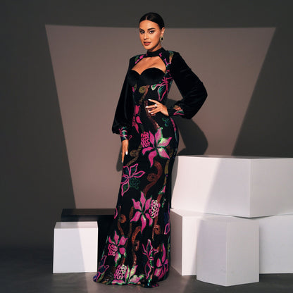 Eclat™ | Robe longue fleurie Épaules dénudées et manches bouffantes