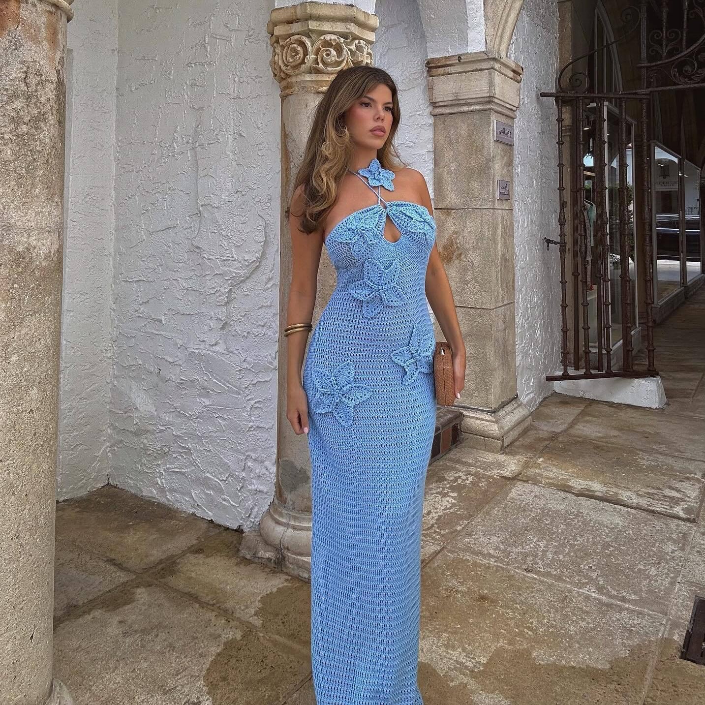 Eclat™ | Robe longue en crochet – Détails floraux et dos nu bohème