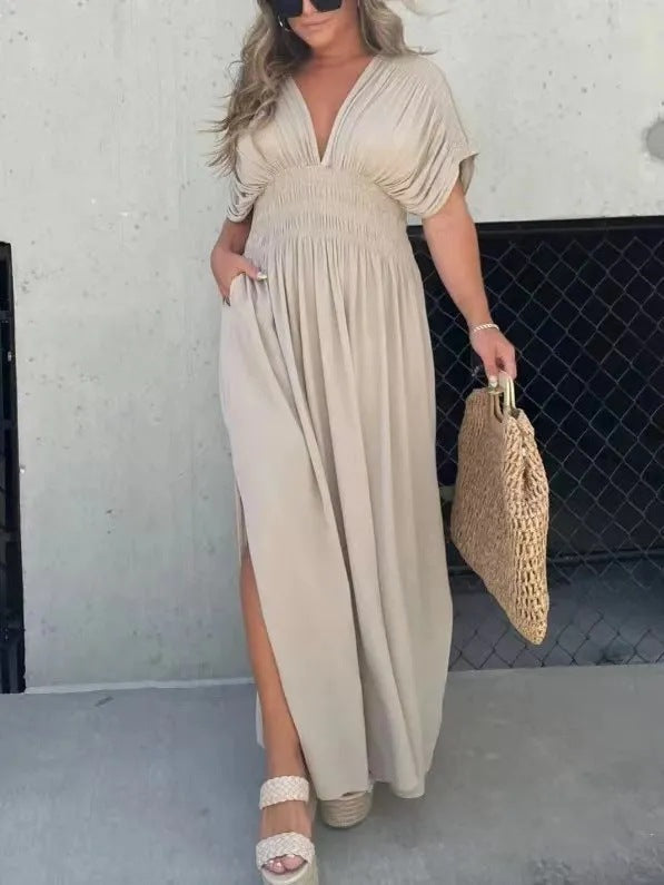 Eclat™ | Flowy Maxi Dress – Side Slit & Crossed Back