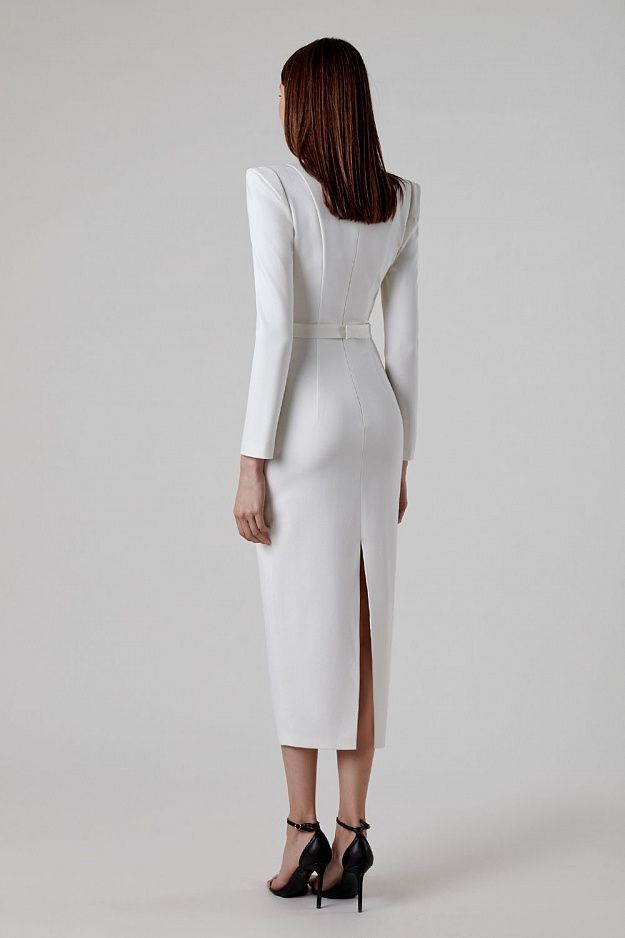 Robe midi sculptante Eclat™ | Épaules structurées et décolleté drapé