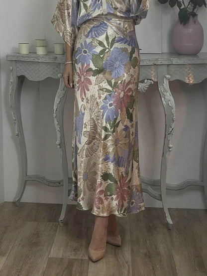 Elegance Bloom™ | Ensemble Satiné à Motif Floral Deux Pièces – Silhouette Sirène
