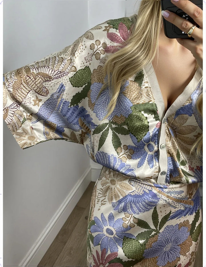 Elegance Bloom™ | Ensemble Satiné à Motif Floral Deux Pièces – Silhouette Sirène