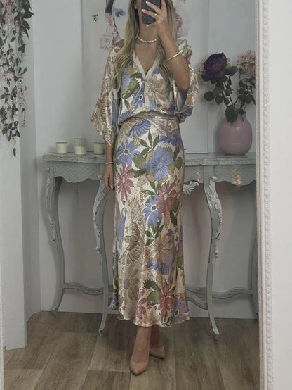 Elegance Bloom™ | Ensemble Satiné à Motif Floral Deux Pièces – Silhouette Sirène
