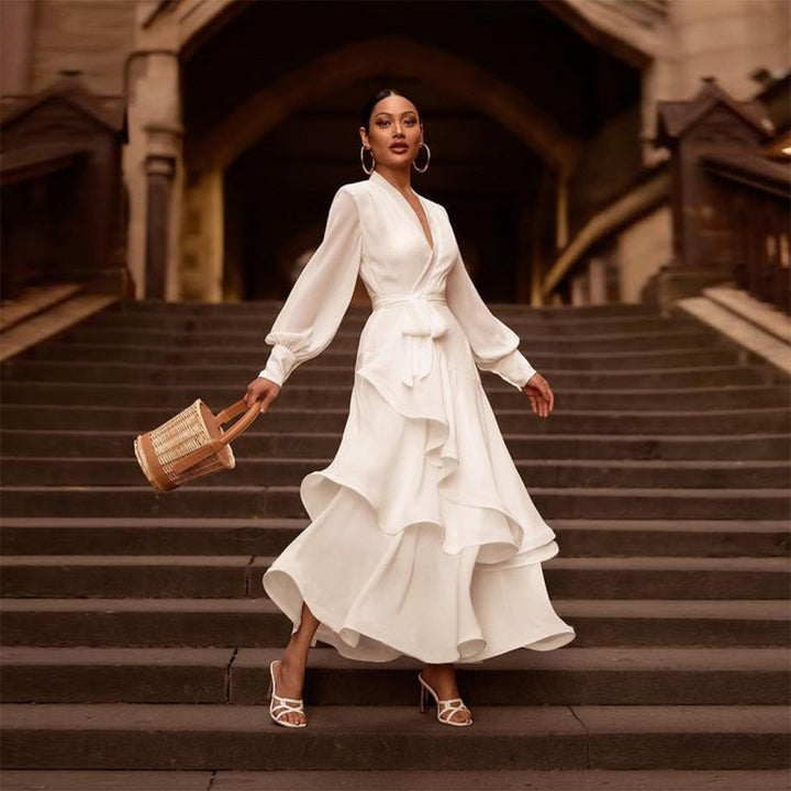 Eclat™ | Robe longue blanche – Volants fluides et manches bouffantes