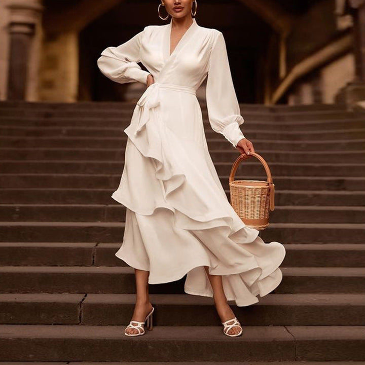 Eclat™ | Robe longue blanche – Volants fluides et manches bouffantes