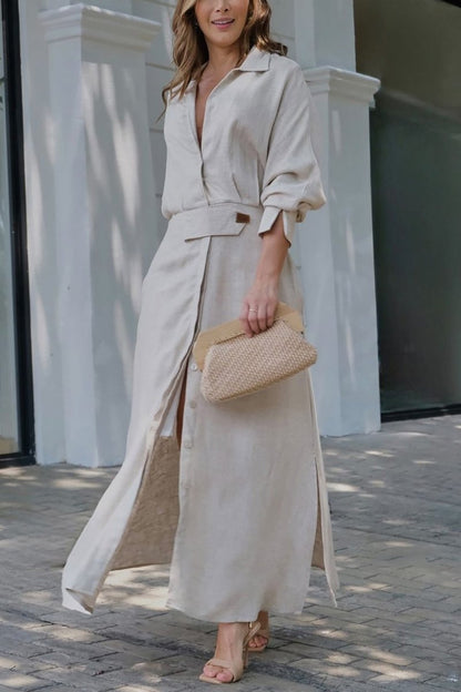Belted Linen Shirt Dress – Elegant Long Sleeve Midi for Summer