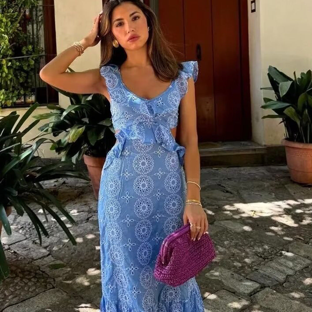 Eclat™ |Robe longue brodée  Épaules volantées et lien au dos