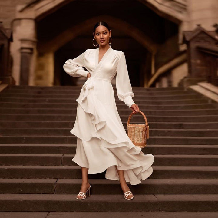 Eclat™ | Robe longue blanche – Volants fluides et manches bouffantes