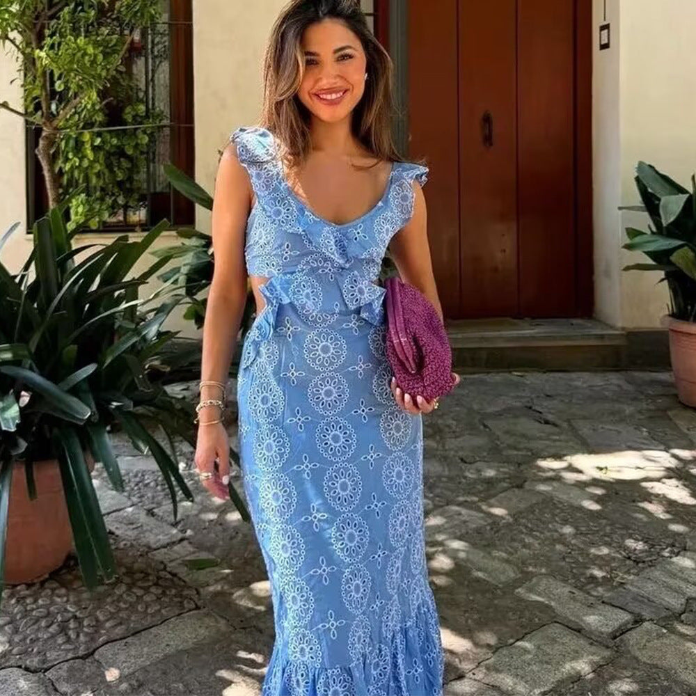 Eclat™ |Robe longue brodée  Épaules volantées et lien au dos