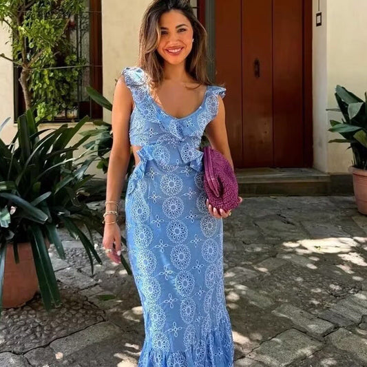 Eclat™ |Robe longue brodée  Épaules volantées et lien au dos