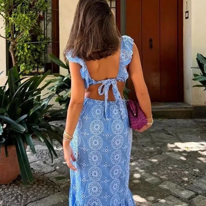 Eclat™ |Robe longue brodée  Épaules volantées et lien au dos