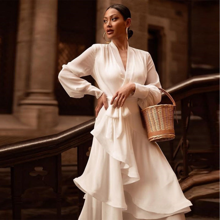 Eclat™ | Robe longue blanche – Volants fluides et manches bouffantes