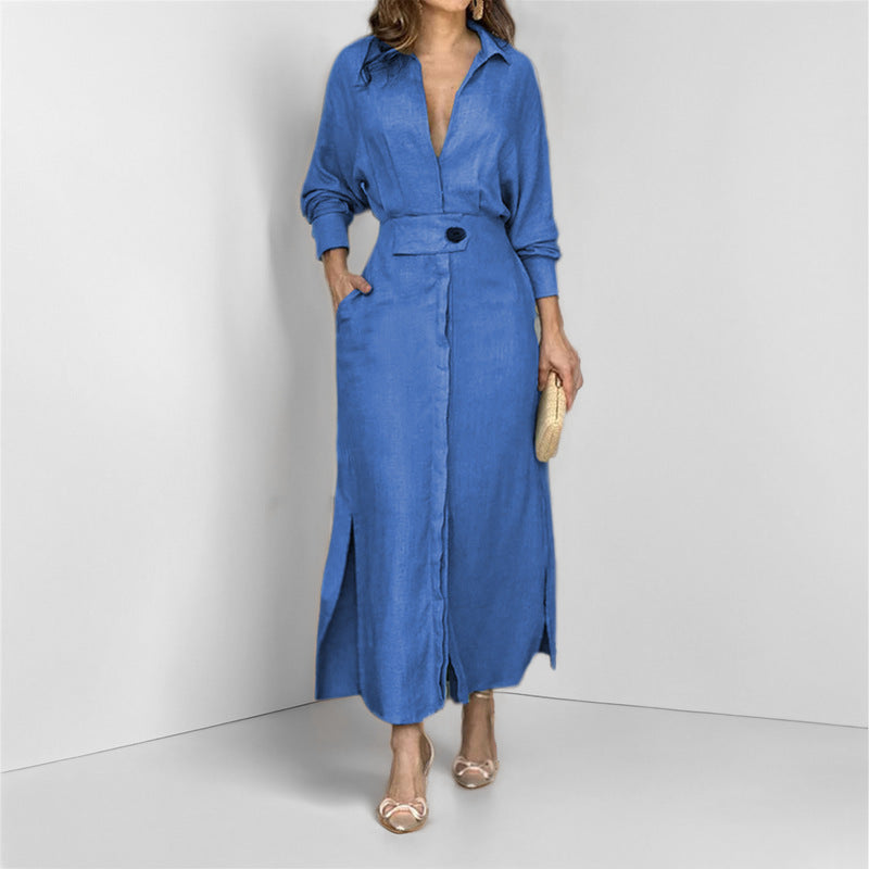 Belted Linen Shirt Dress – Elegant Long Sleeve Midi for Summer