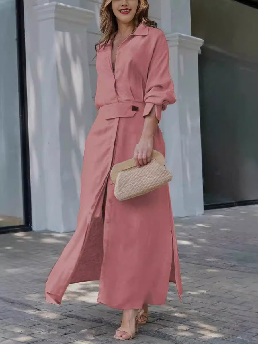 Belted Linen Shirt Dress – Elegant Long Sleeve Midi for Summer