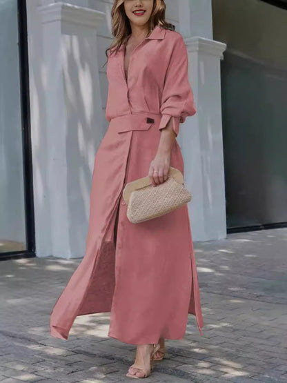 Belted Linen Shirt Dress – Elegant Long Sleeve Midi for Summer