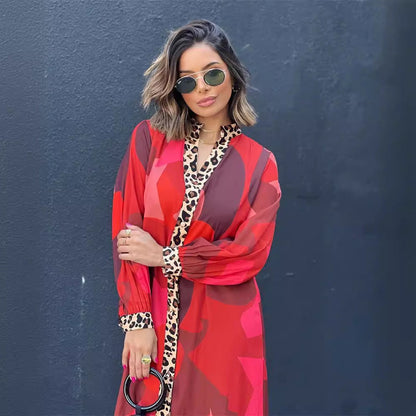 Eclat™ | Robe Longue Rouge & Léopard – Audace Bohème & Élégance Sauvage