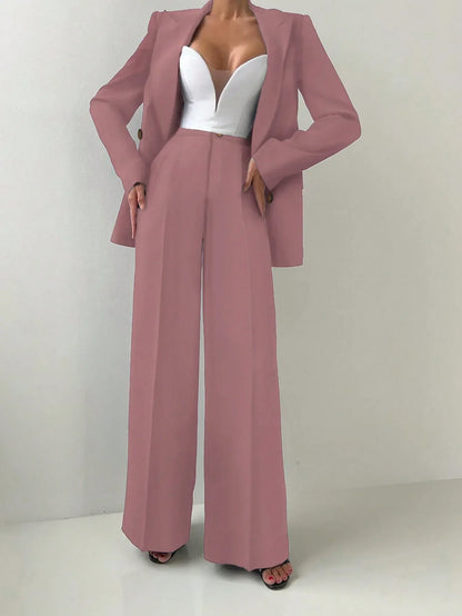 Blush Pink Women’s Power Suit – Wide-Leg Trousers & Structured Blazer with Bustier Top