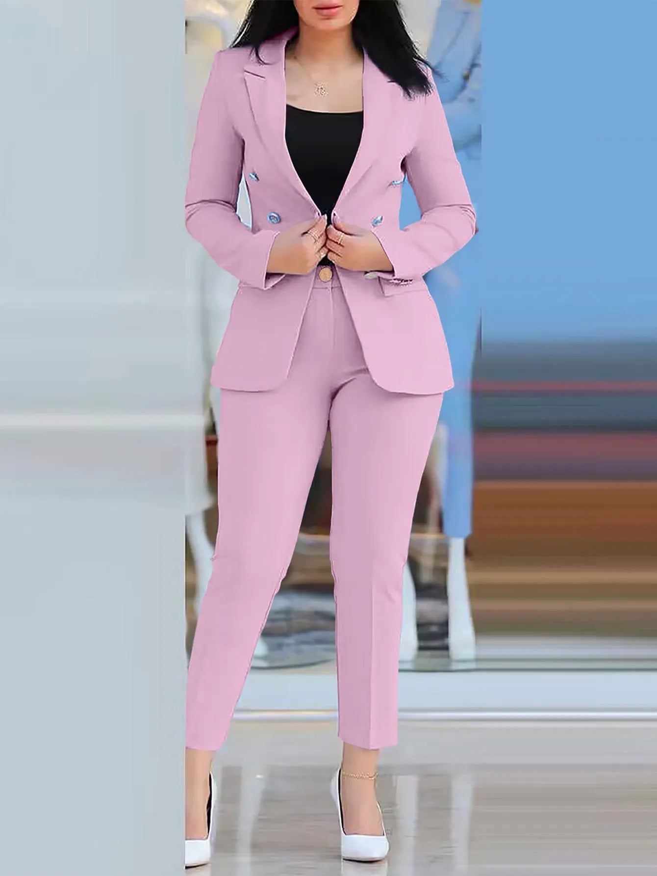 Elegant Double-Breasted Blazer & Trousers Suit Set – Sophisticated Power Look