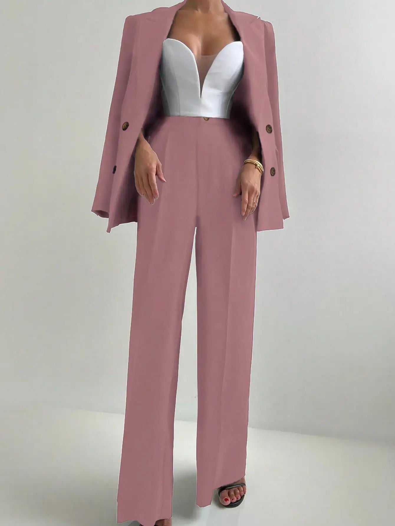 Blush Pink Women’s Power Suit – Wide-Leg Trousers & Structured Blazer with Bustier Top