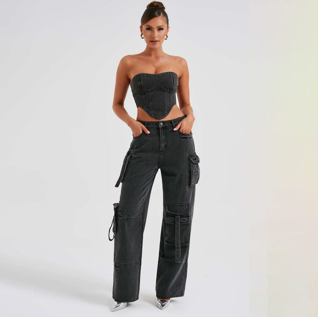 ECLAT™ | Ensemble bustier et jean cargo délavé