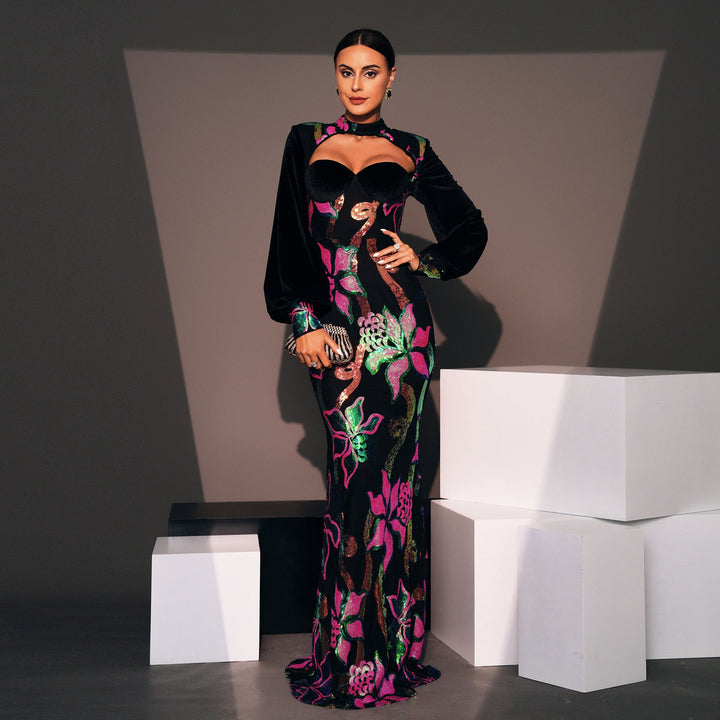 Eclat™ | Robe longue fleurie Épaules dénudées et manches bouffantes