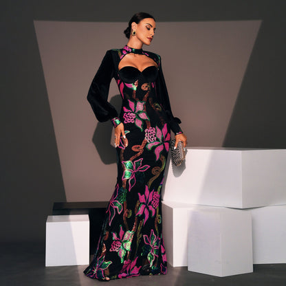 Eclat™ | Robe longue fleurie Épaules dénudées et manches bouffantes