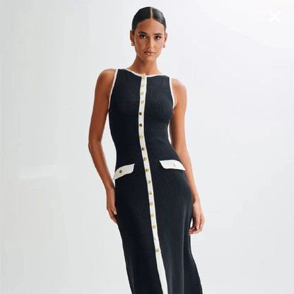 Eclat™ | Robe mi-longue sans manches – Style chic, contrasté et boutonné