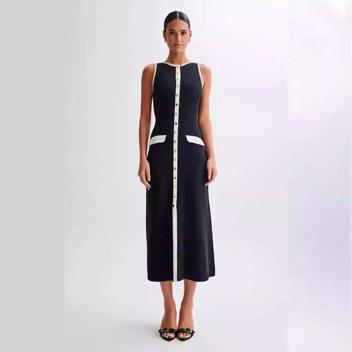 Eclat™ | Robe mi-longue sans manches – Style chic, contrasté et boutonné
