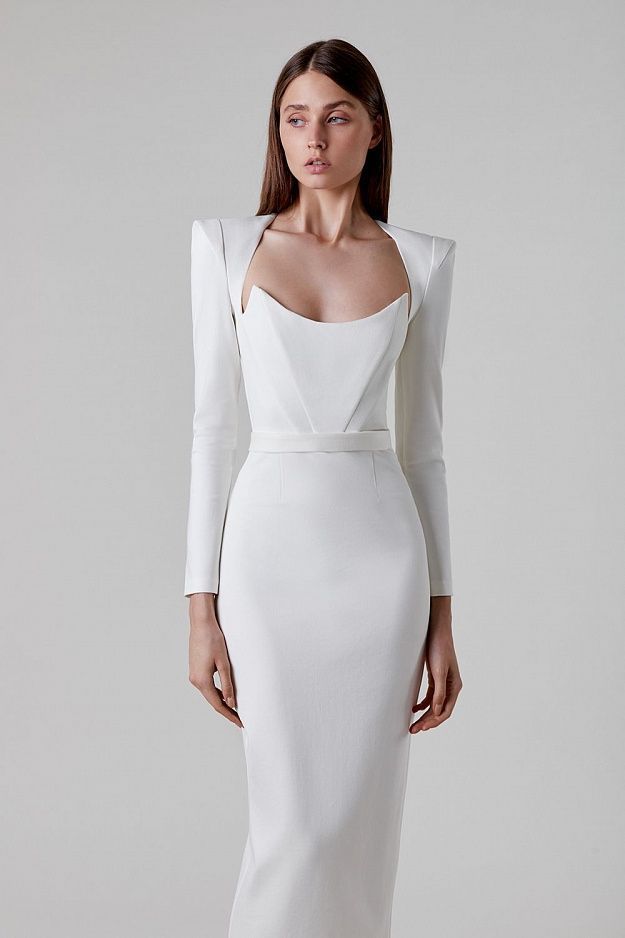 Robe midi sculptante Eclat™ | Épaules structurées et décolleté drapé