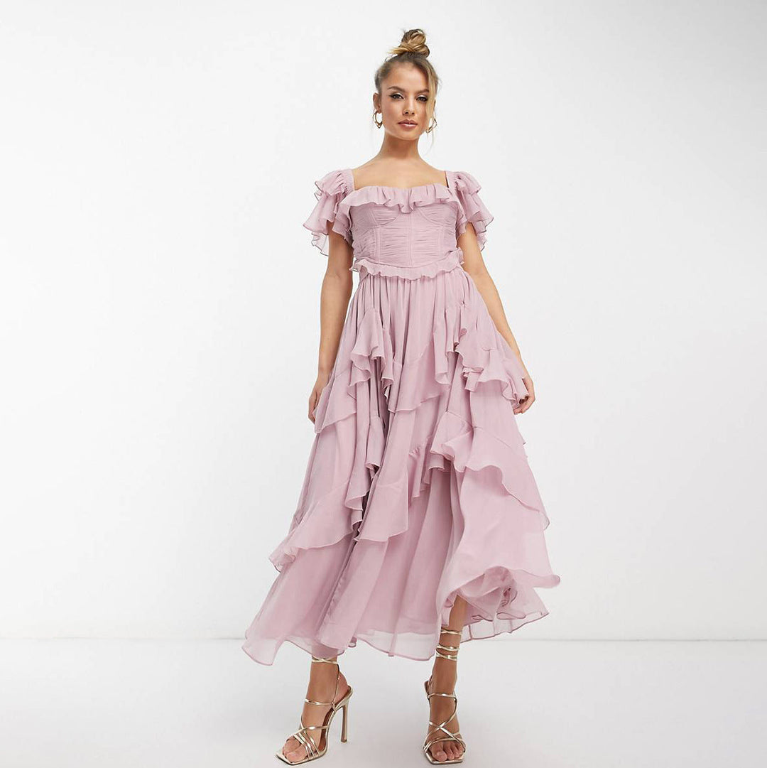Eclat™ – Robe mi-longue à volants Épaules dénudées et style bohème chic