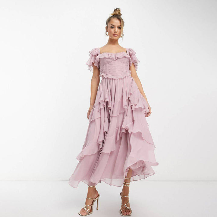 Eclat™ – Robe mi-longue à volants Épaules dénudées et style bohème chic