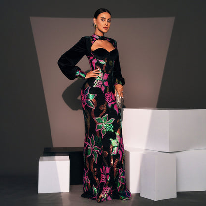 Eclat™ | Robe longue fleurie Épaules dénudées et manches bouffantes