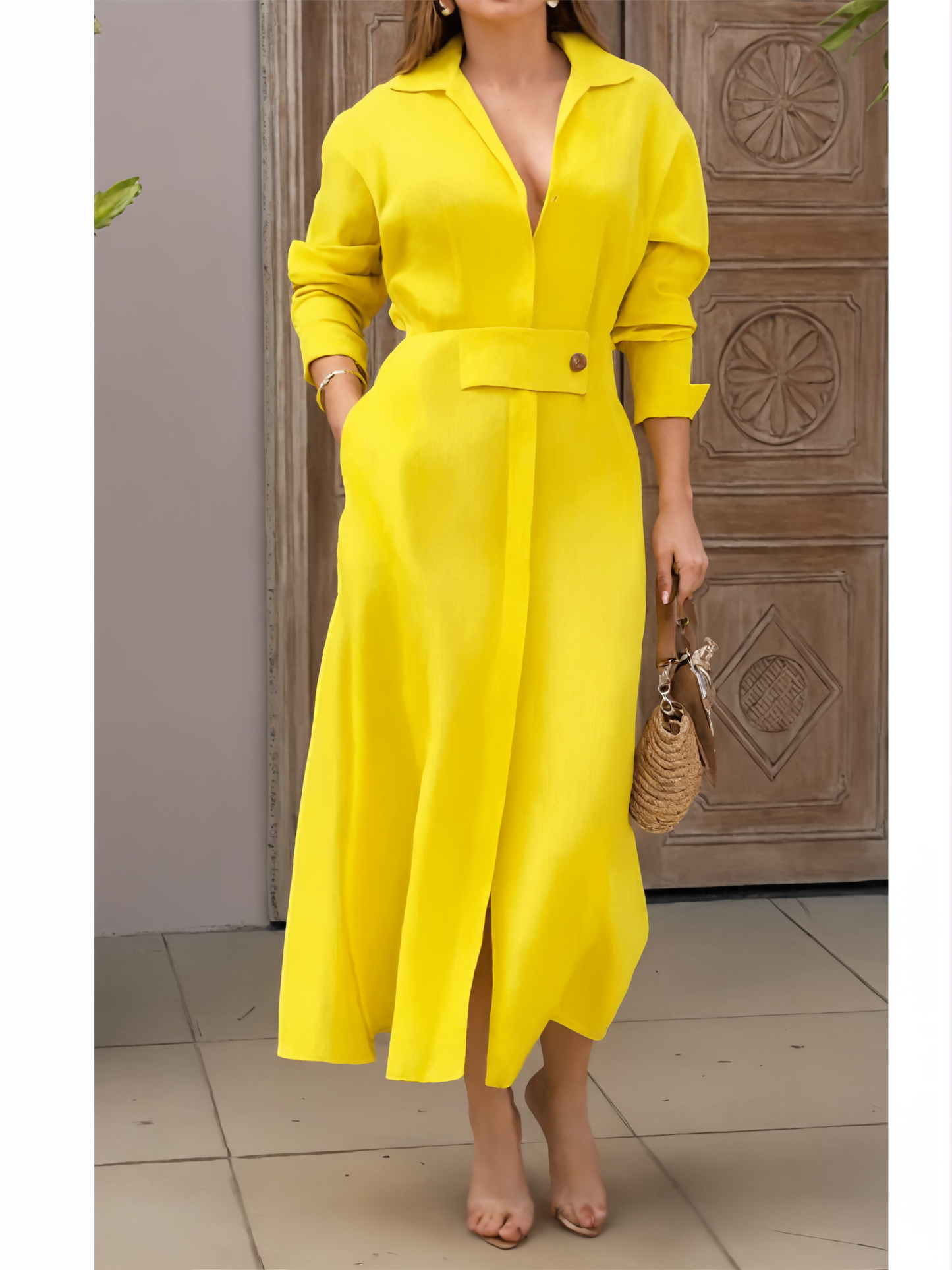 Belted Linen Shirt Dress – Elegant Long Sleeve Midi for Summer