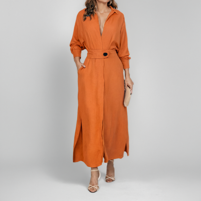 Belted Linen Shirt Dress – Elegant Long Sleeve Midi for Summer